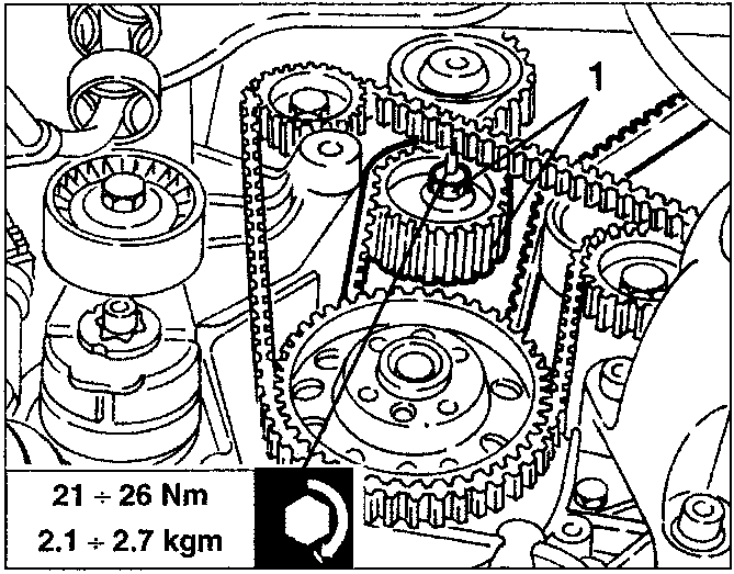 Timing belt and gears with tensioner, torque specification box shown