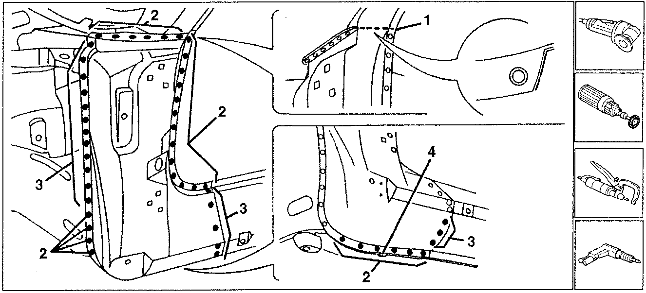 Detailed diagram of the front pillar showing numbered parts and tools for removal.