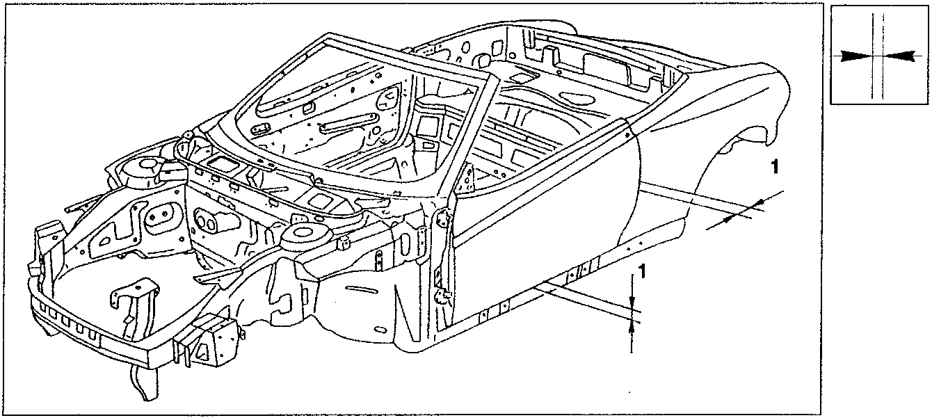 Car body frame with alignment indicators shown