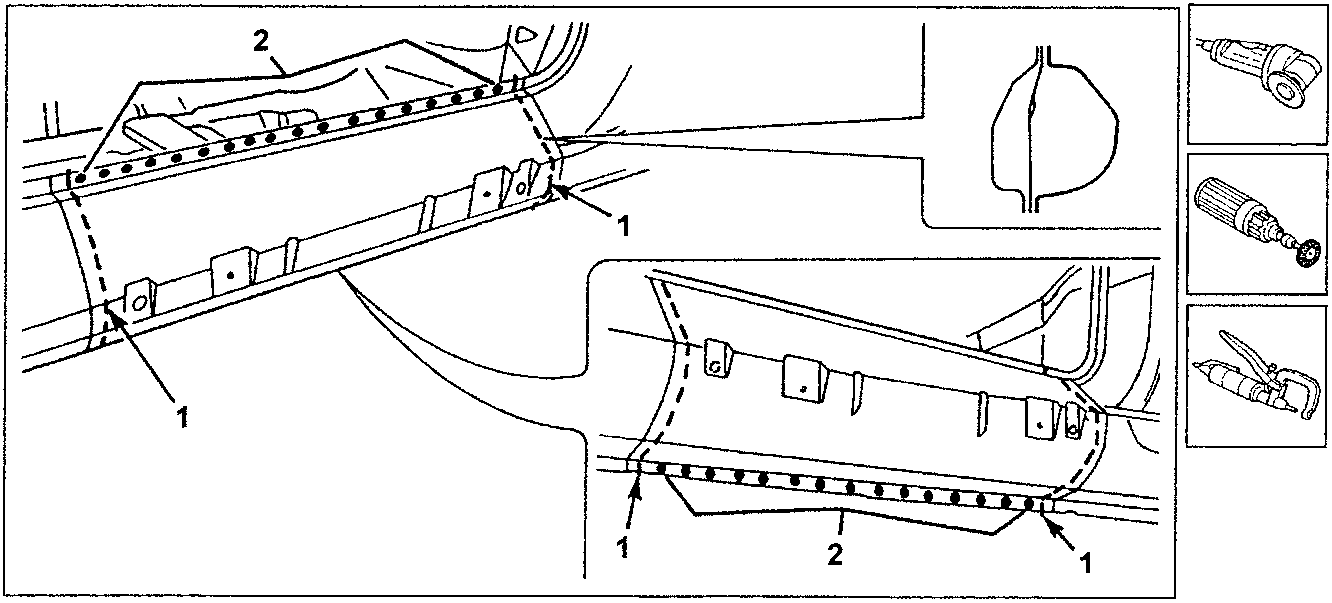 Diagram showing cutting lines and welding spots on an underdoor panel with tools illustrated.