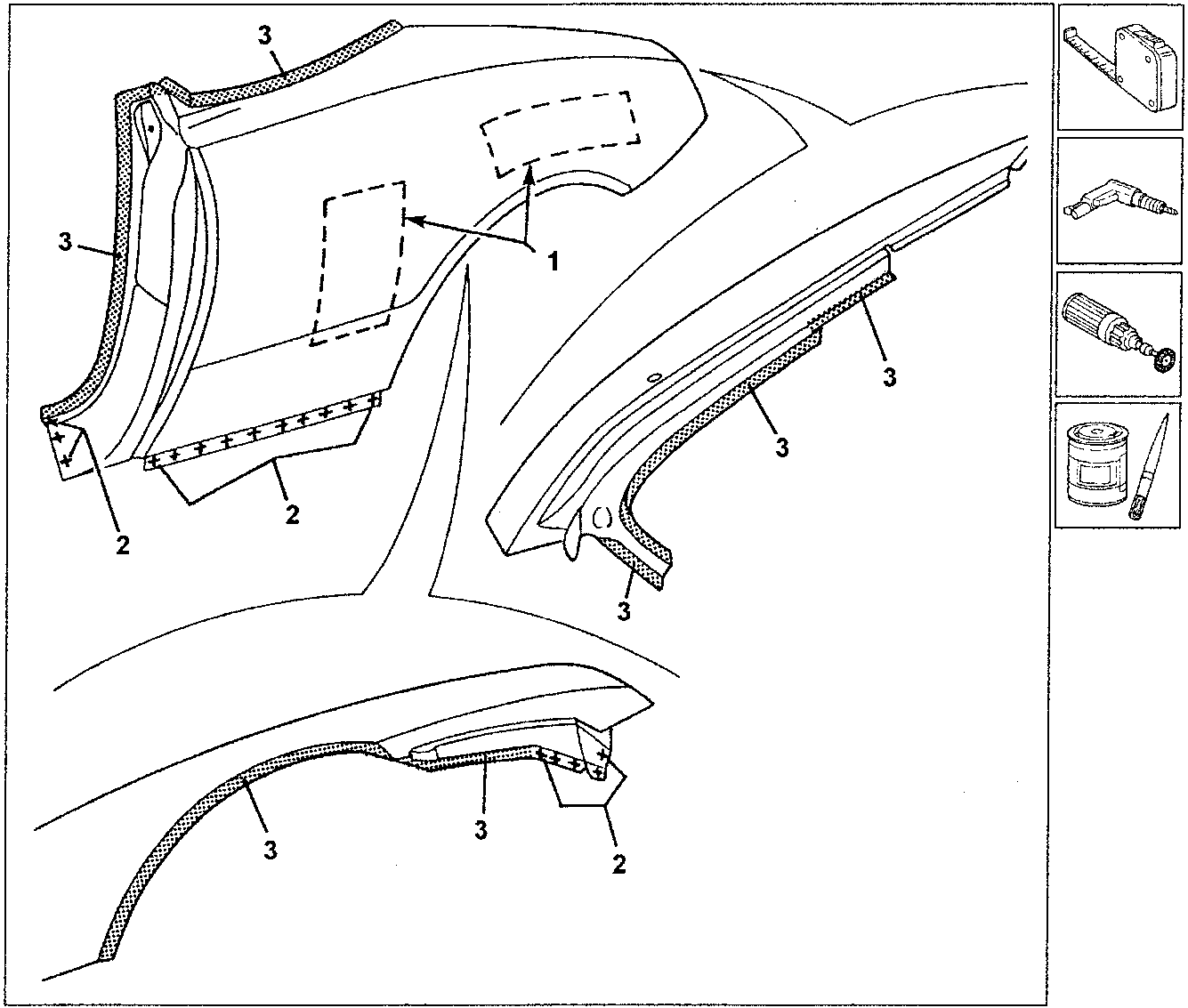 Diagram of rear wing with numbered parts 1, 2, and 3 indicating drilling locations and weld areas.
