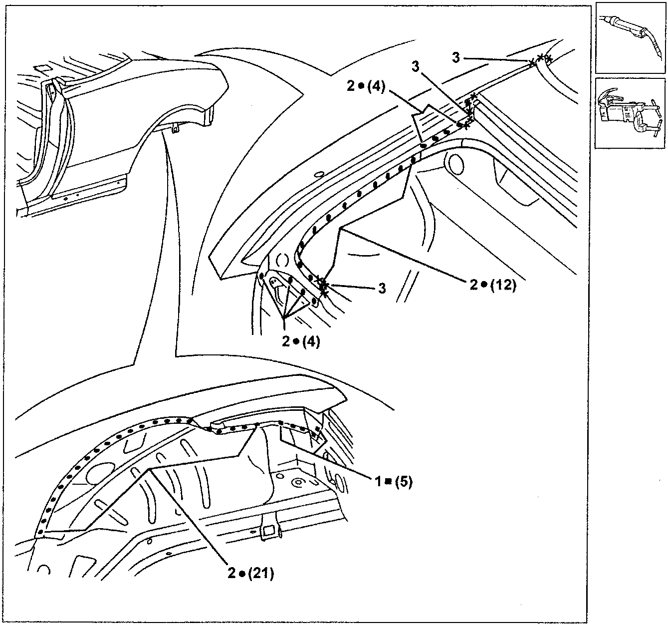 Diagram showing welding points on car bodywork with callouts 1=(5), 2•(4), 2•(12), 2•(21), and 3.