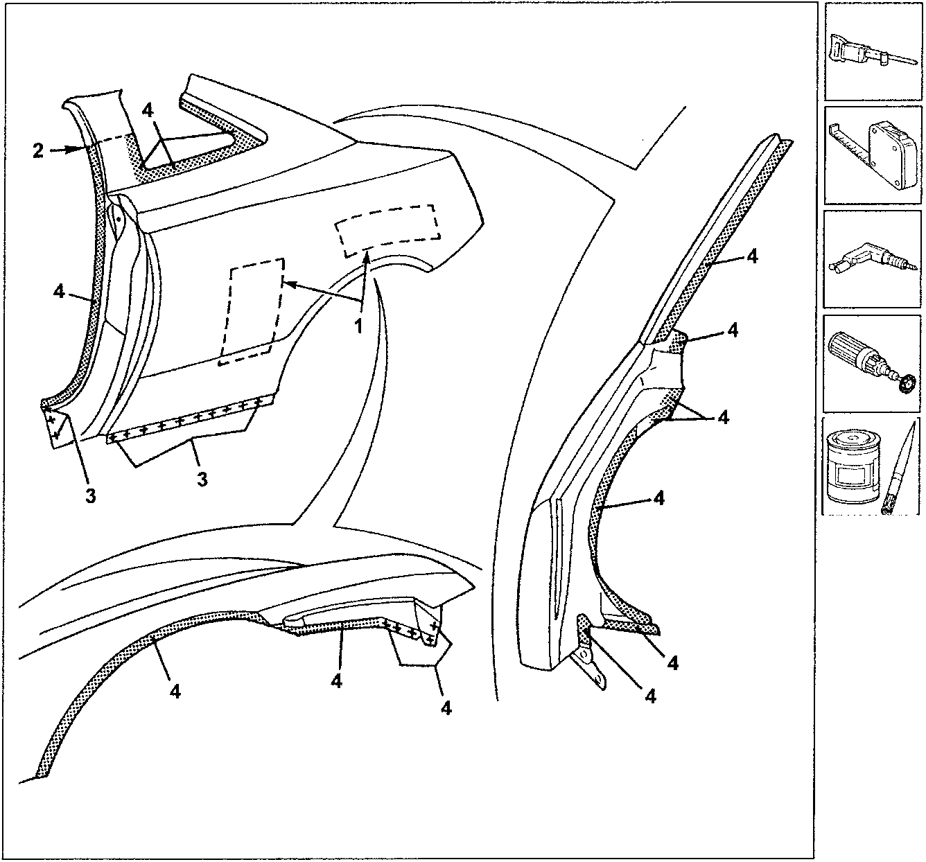 Diagram showing rear wing components with numbered parts and tools on the right side.