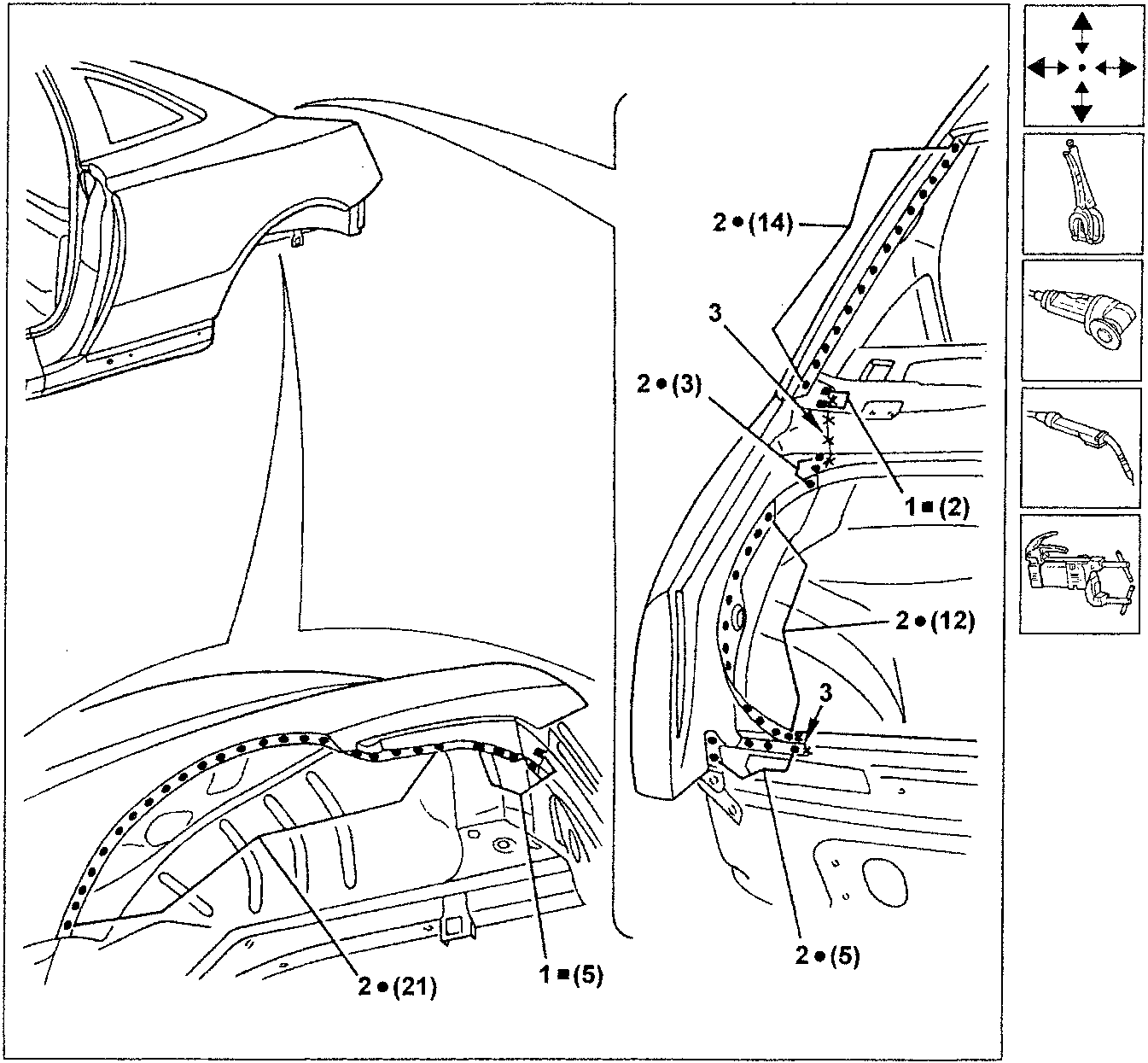 Diagram showing welding points on car body components with part numbers and tool icons.