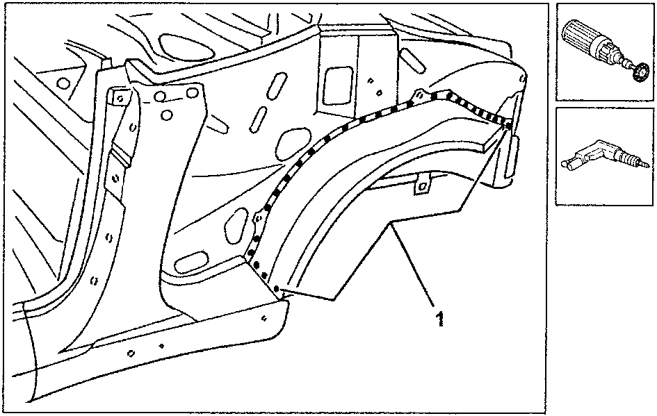 Diagram showing the rear outer wheel house with welding spots and tools for removal.
