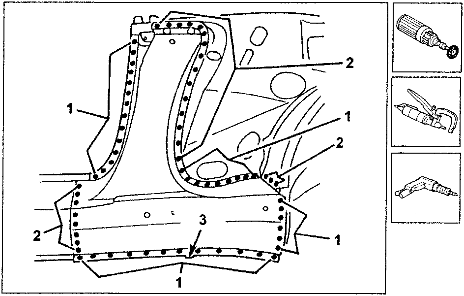 Diagram showing the rear pillar with numbered parts and tools for removal.