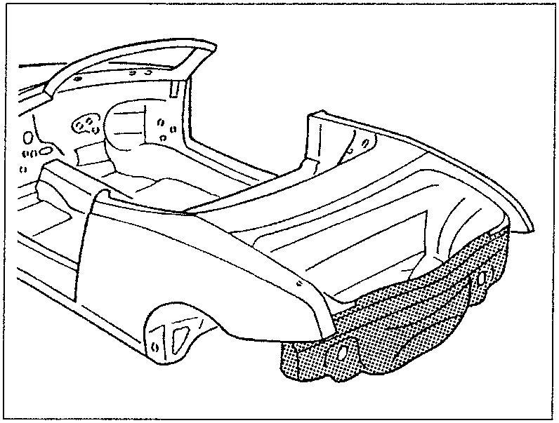 Rear panel of a car showing the area to be replaced with dotted lines indicating cut lines and weld spots
