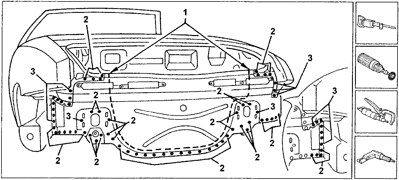 Diagram showing rear panel with numbered parts and tools for removal