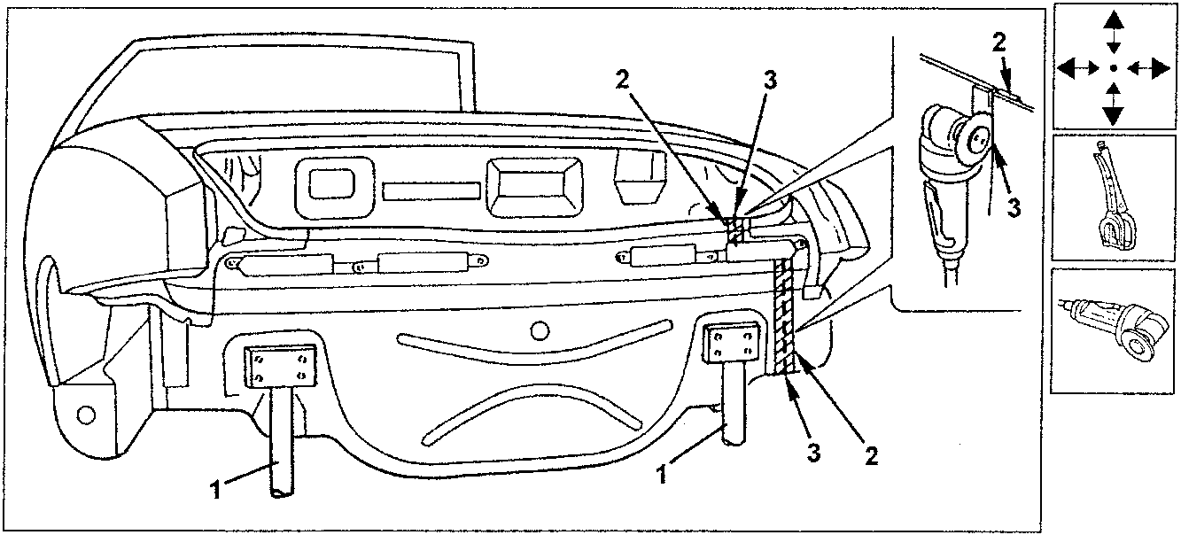 Diagram showing rear panel positioning with welding tools and alignment indicators