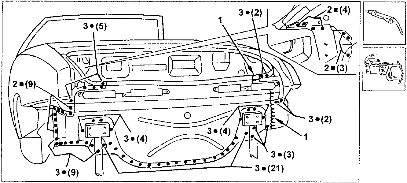 Diagram showing welding points and spot weld locations on the rear panel