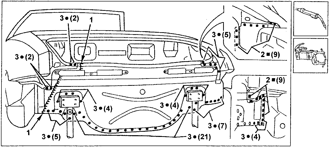 Diagram showing welding points and spot weld locations on rear panel