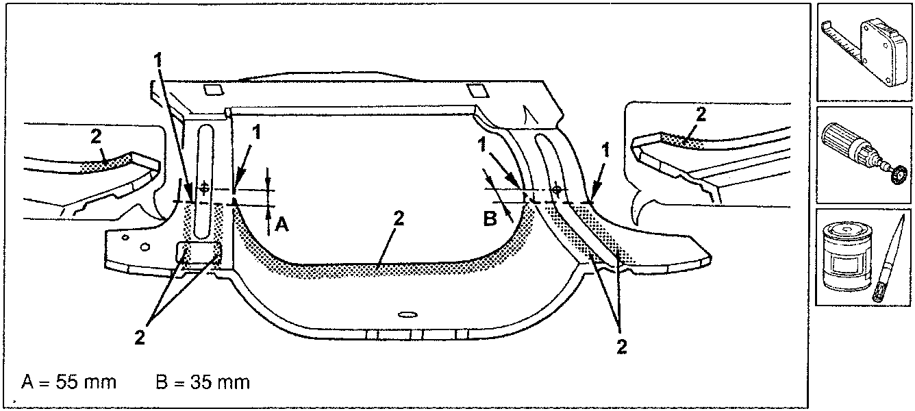 Diagram showing rear floor cut dimensions A=55mm and B=35mm with part numbers 1 and 2 indicated, alongside icons for hacksaw, rotary brush, and paint can.