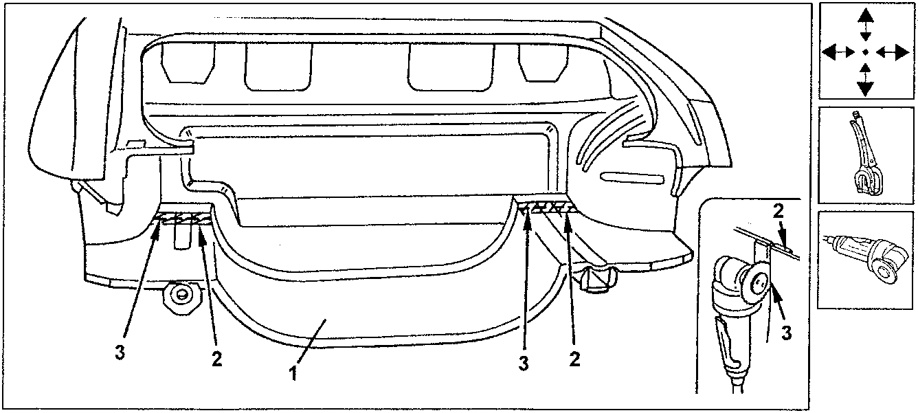 Diagram showing rear floor positioning with part numbers 1, 2, and 3 indicated, alongside icons for alignment tool, clamp, and circular saw.
