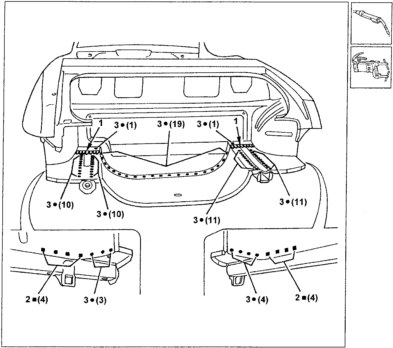 Diagram showing rear floor welding points with part numbers and welding methods indicated.