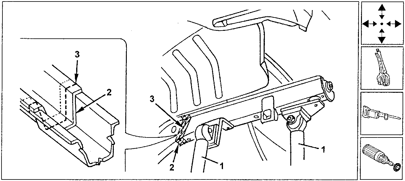 Diagram showing positioning of rear sidemember with parts 1, 2, and 3, and tools including alignment guide, pneumatic saw, and rotary brush.