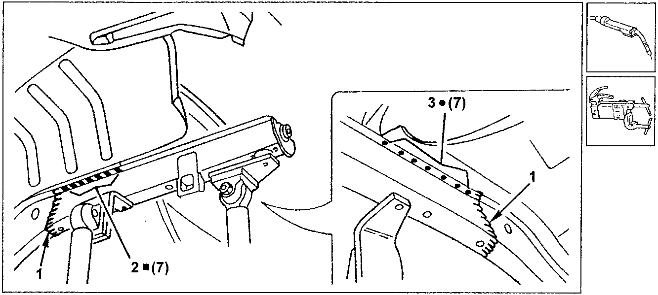 Diagram showing welding techniques: seam weld (part 1), fill weld (part 2), and spot weld (part 3) on the rear sidemember.