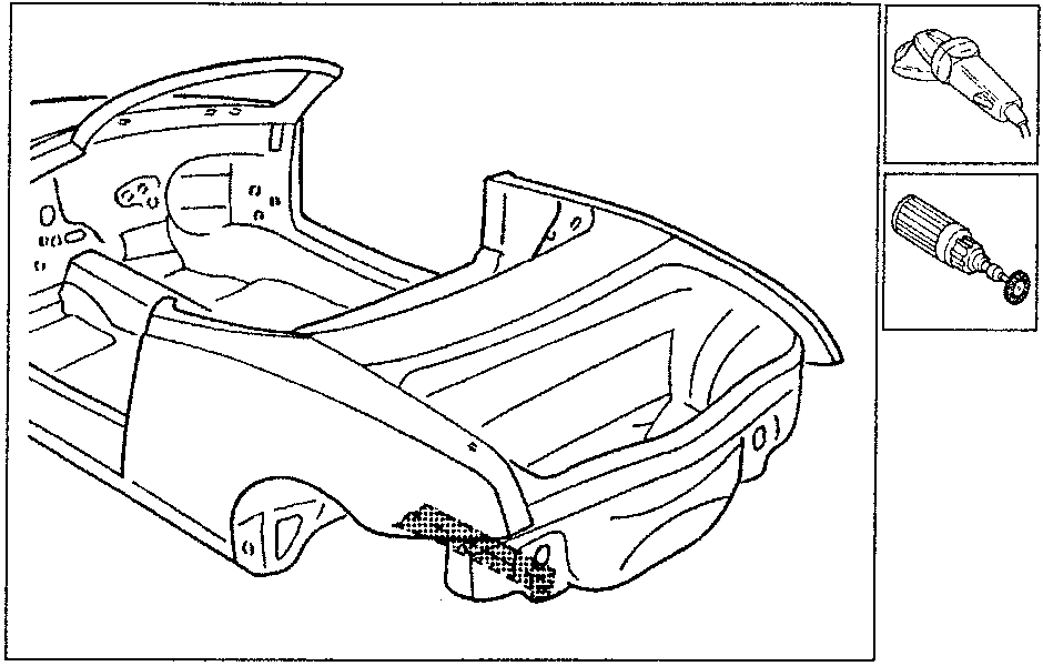 Car body with rear floor section showing welding areas and tools
