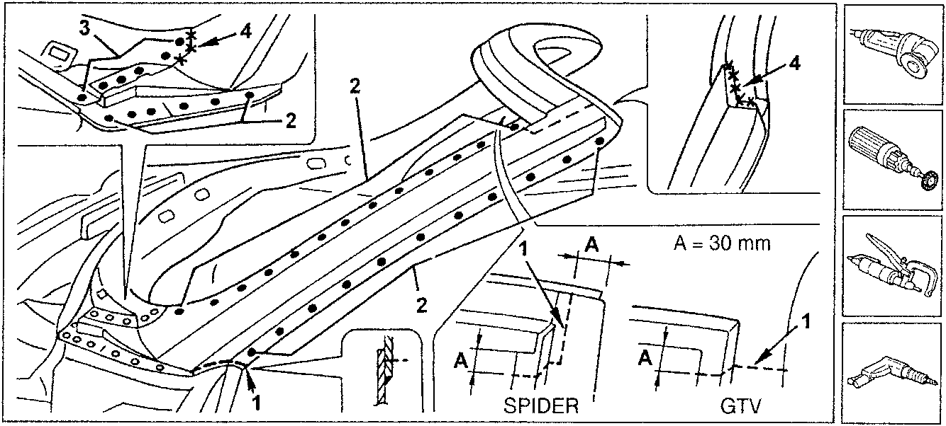 Diagram showing windscreen pillar removal with labeled parts and tools.