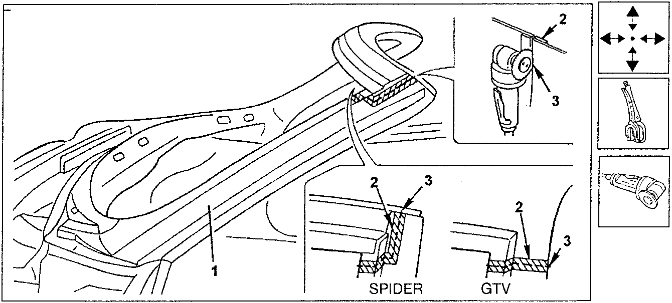 Illustration showing positioning of windscreen pillar with clamps and welding tools for Spider and GTV models