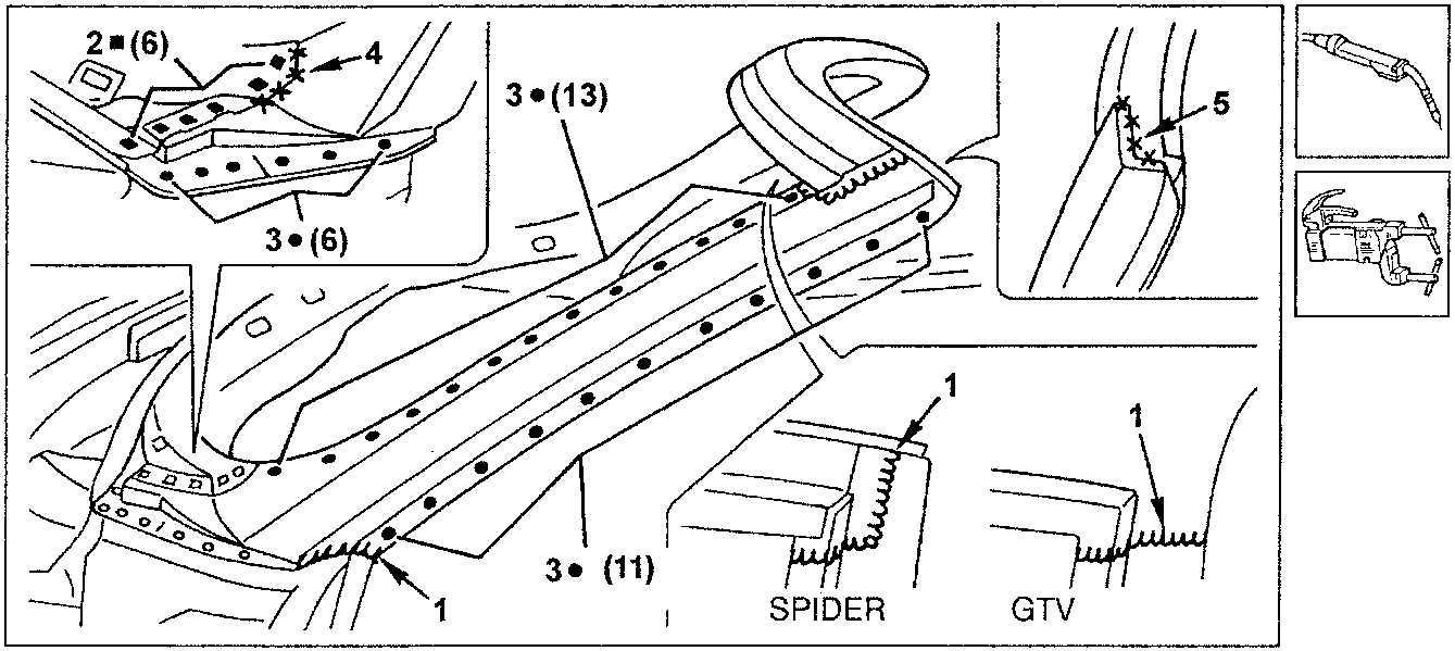Illustration showing welding techniques and locations for Spider and GTV models with part callouts