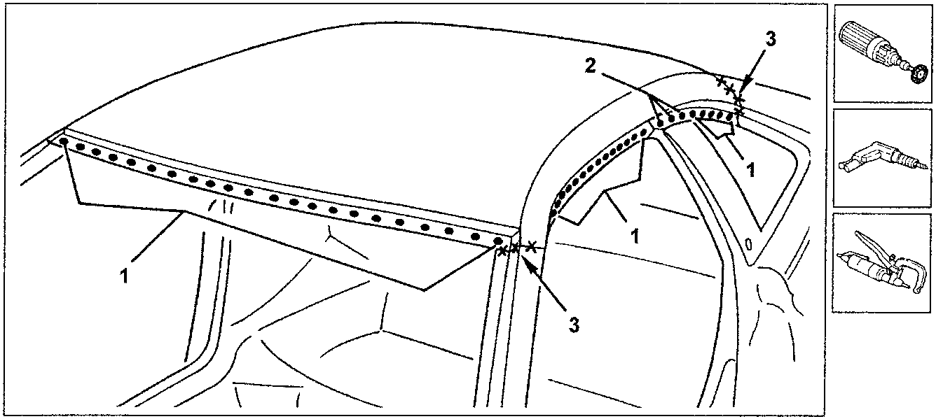Diagram showing roof removal with numbered parts and tools