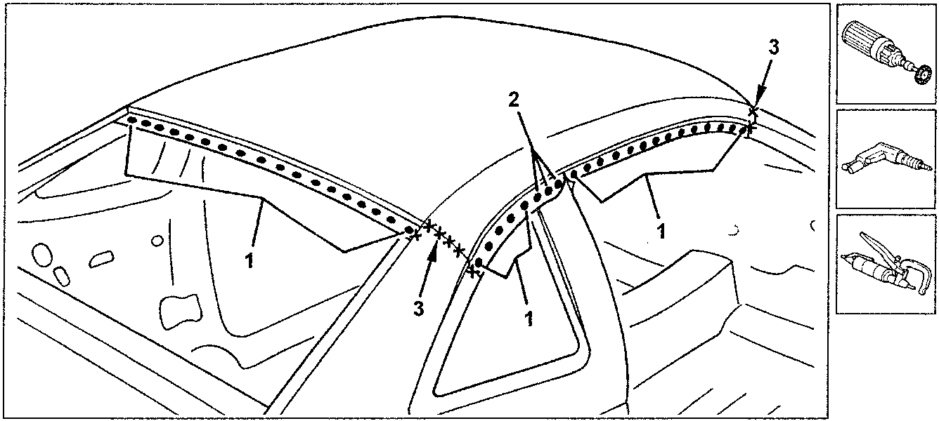 Diagram showing roof panel with welding spots and tools for removal