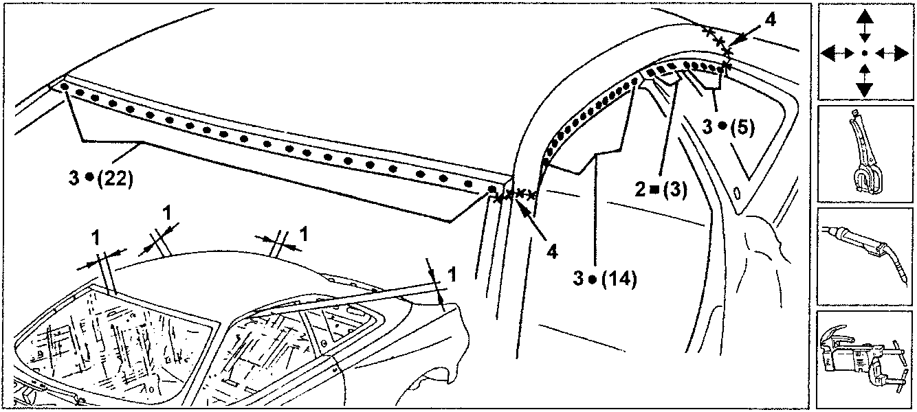 Diagram showing roof positioning and welding points with MIG and spot welds