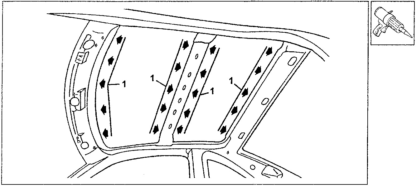 Diagram showing application of sealant in multiple channels along a car roof structure with arrows indicating direction of application. A small icon on the right shows a caulking gun.
