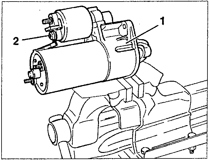 Starter motor mounted on a vice with protective clamps. Part 1 is the starter motor, part 2 is the terminal connector.