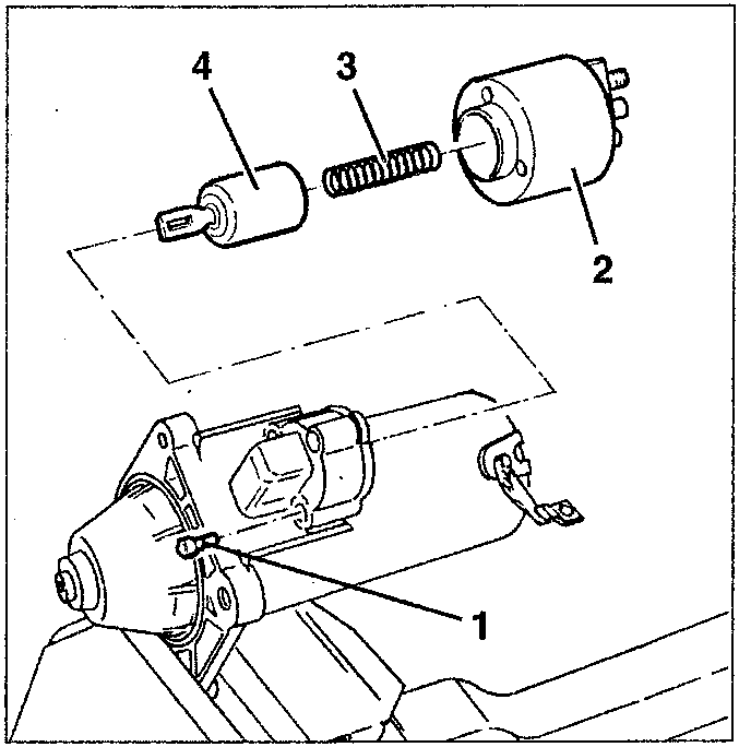Disassembled coupling relay. Part 1 is the housing, part 2 is the main body, part 3 is the return spring, part 4 is the rotor.