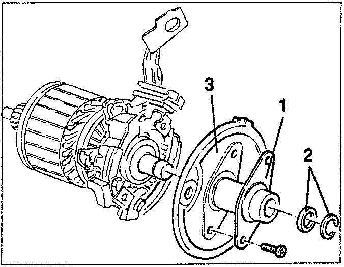 Disassembled starter motor with parts. Part 1 is the rotor, part 2 is the collector side support, part 3 is the dust guard.