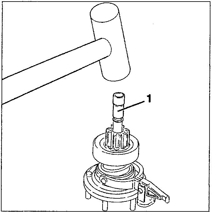 Diagram showing hammer striking starter coupling stop ring, labeled 1