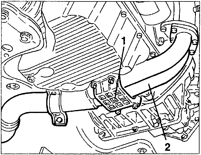 Exhaust pipe and lambda sensor being removed from under a vehicle, showing bolts and brackets