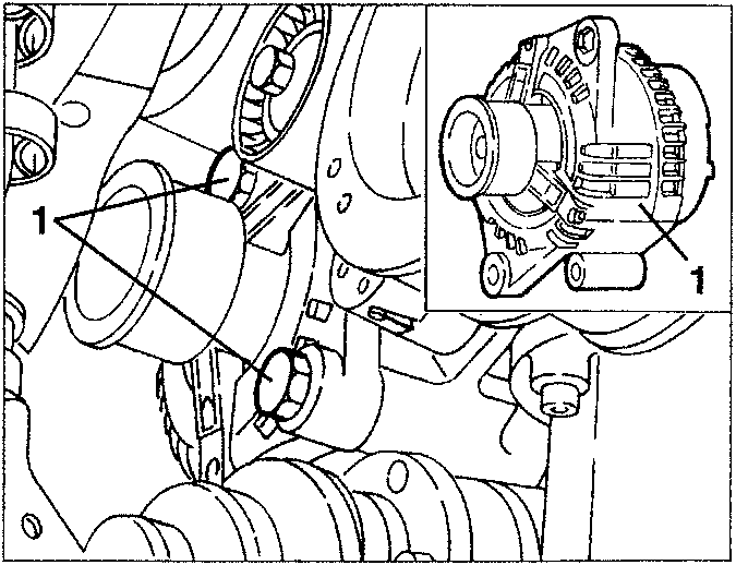 Alternator being removed from under a vehicle, showing its mounting bolts and position relative to engine components