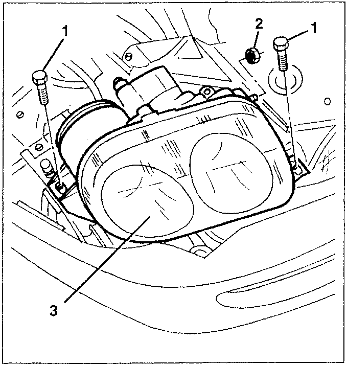 Diagram showing upper front light clusters with numbered parts 1, 2, and 3. Part 1 is a screw, part 2 is a bolt, and part 3 is the light cluster assembly.