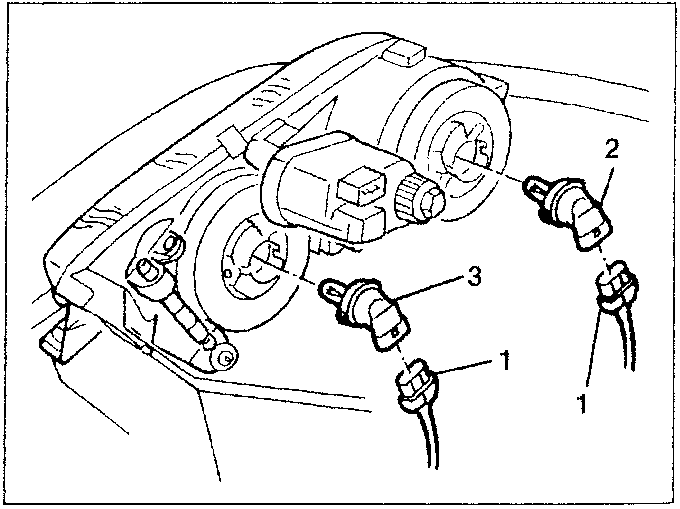 Diagram showing upper front light clusters with numbered parts 1, 2, and 3. Part 1 is a screw, part 2 is a bolt, and part 3 is the light cluster assembly.