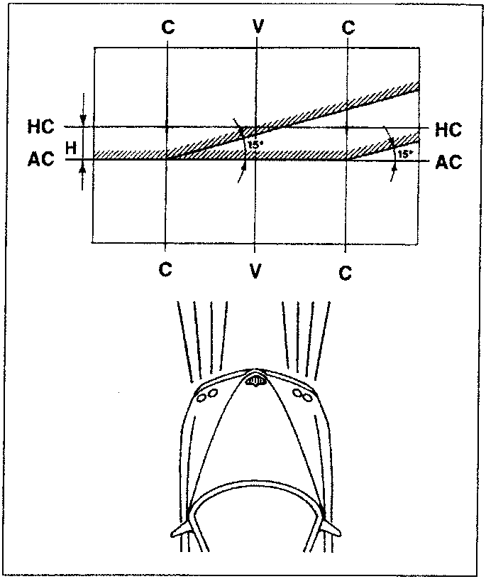 Diagram showing headlight aiming lines V, C, HC, AC with 15° angles and a light cluster illustration below.