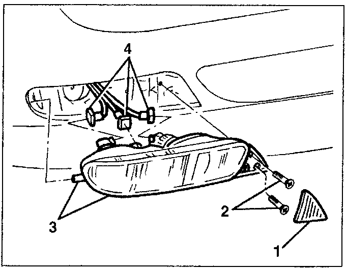 Diagram showing lower front light cluster with numbered parts: 1. Outer trim, 2. Screws, 3. Light cluster, 4. Mounting bracket.