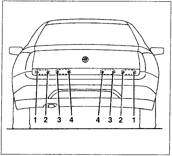 Diagram showing rear view of car with tail light strip. Numbers 1 to 4 indicate bulb positions: 1. Direction indicator, 2. Sidelight - stop light, 3. Reversig light, 4. Rear fog guard.