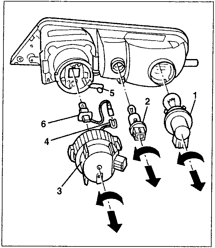 Diagram showing bulb replacement steps with numbered parts: 1. Bulb, 2. Sidelight bulb holder, 3. Fog lamp bulb, 4. Fastening clip, 5. Connection, 6. Direction indicator bulb holder. Arrows indicate twisting and removal actions.