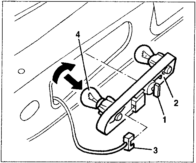 Diagram showing tail light bulb holder with numbered parts: 1. Bulb holder, 2. Electrical connection, 3. Connection, 4. Bulb. Arrows indicate twisting action.