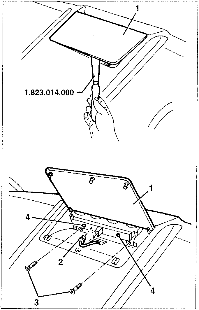 Diagram showing removal of third stop light cover with tool 1.823.014.000 and bulb holder panel with parts labeled 1, 2, 3, 4.