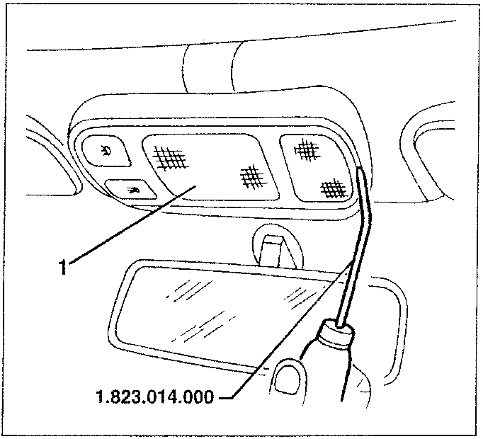 Diagram showing removal of roof lamp with tool 1.823.014.000 inserted in side slit.