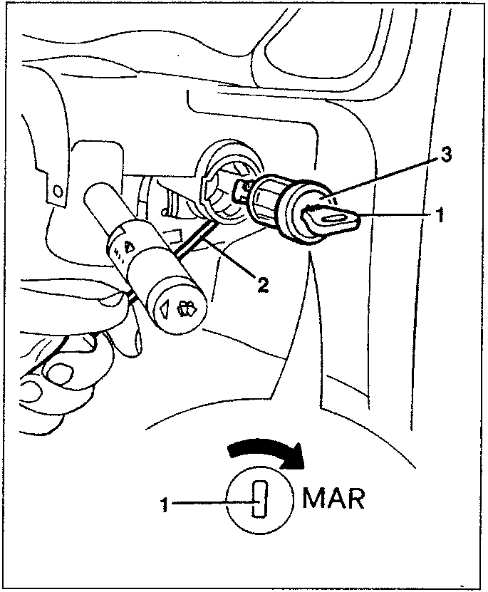 Ignition switch with parts 1, 2, 3 shown and MAR position indicator