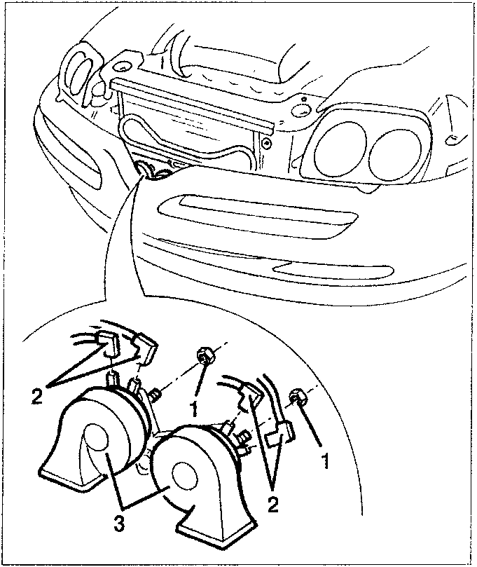 Diagram showing components 1, 2, and 3 of a horn assembly in a car's front bumper area.