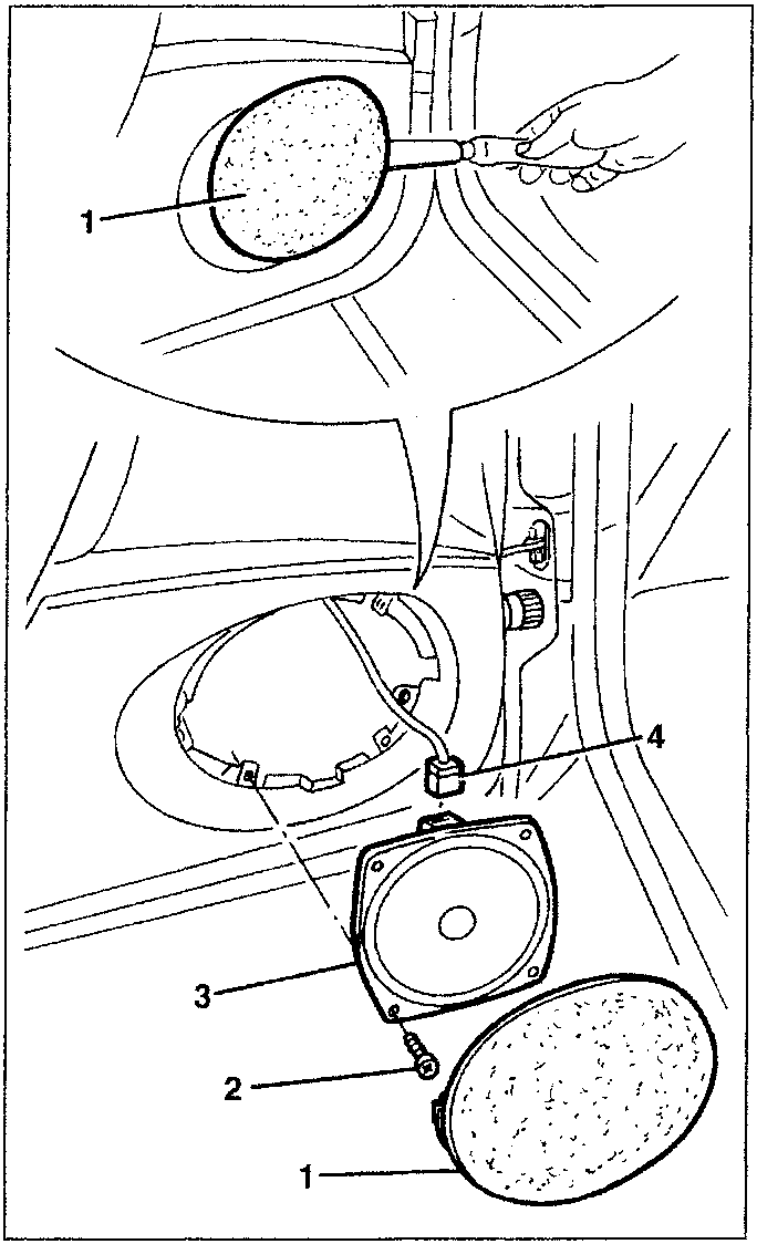 Diagram showing speaker removal: 1. Speaker cover, 2. Speaker grille, 3. Speaker unit, 4. Electrical connector.