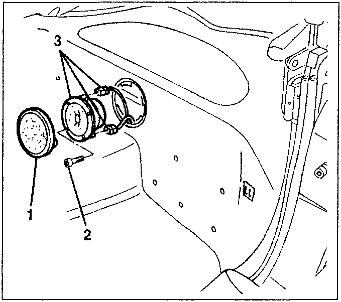 Diagram showing subwoofer removal: 1. Speaker grille, 2. Fastening screw, 3. Subwoofer unit.