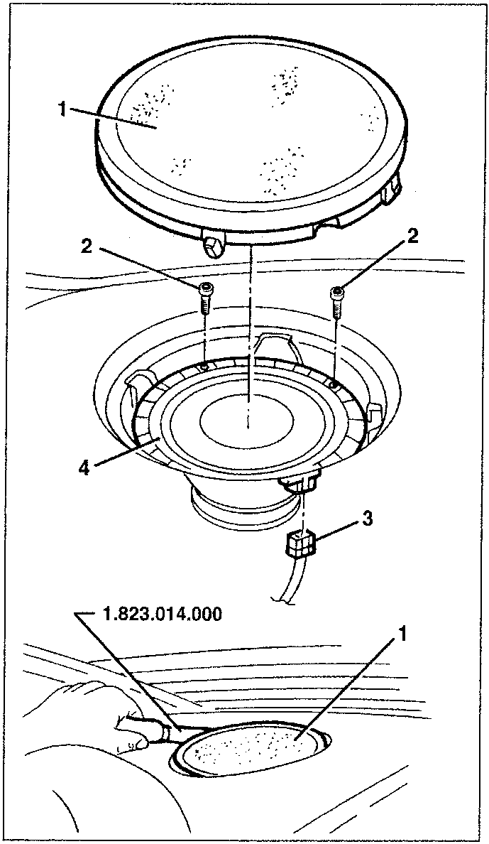 Diagram showing speaker removal with tool 1.823.014.000, parts labeled 1, 2, 3, 4, and tool number 1.823.014.000