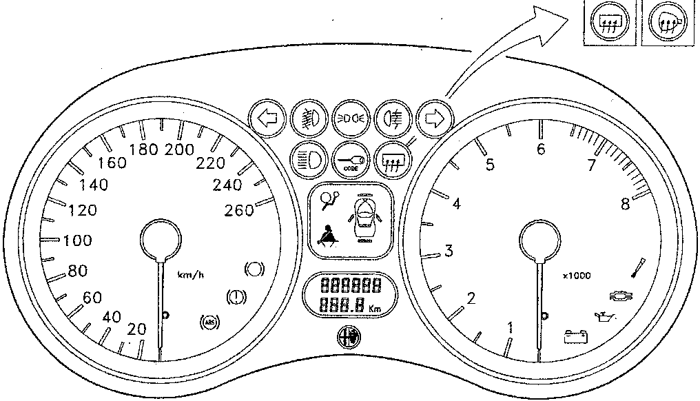 Instrument cluster diagram showing speedometer, rev counter, and warning lights