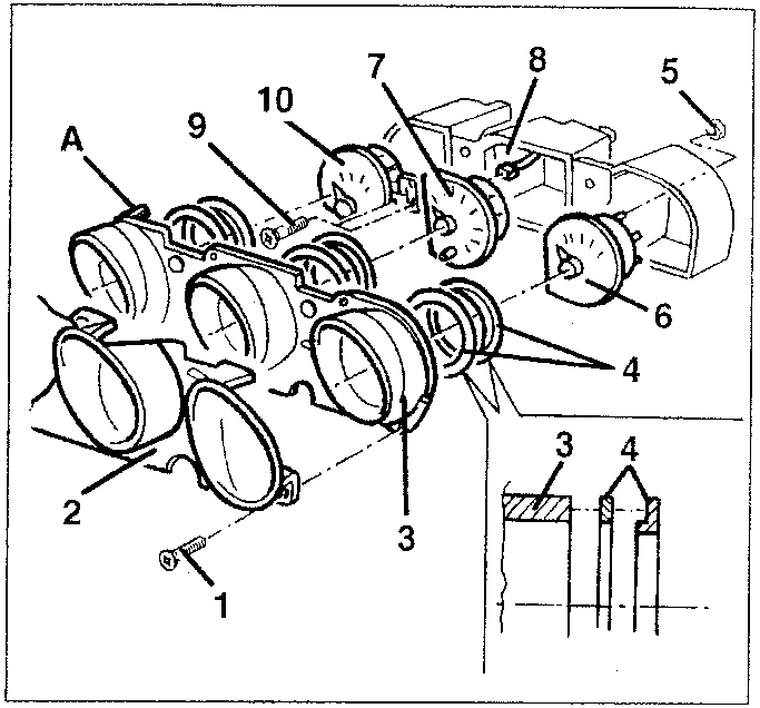 Instrument cluster diagram showing numbered parts including gauges, connectors, and mounting points
